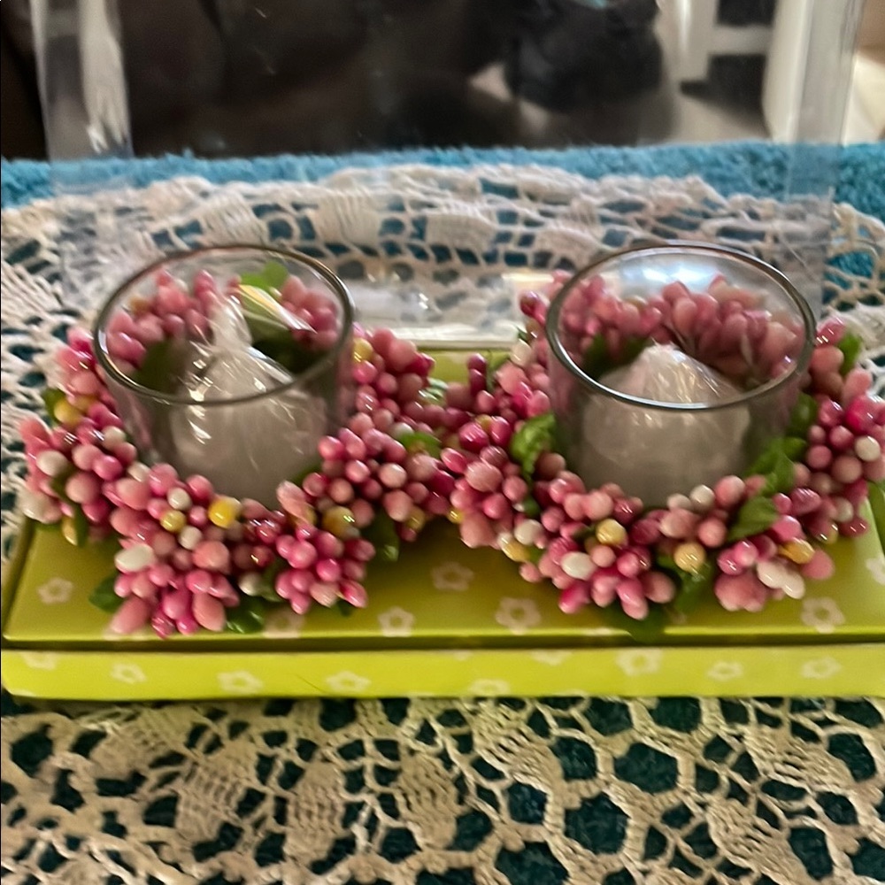 Floral Candle Holder Set with Pink Accents